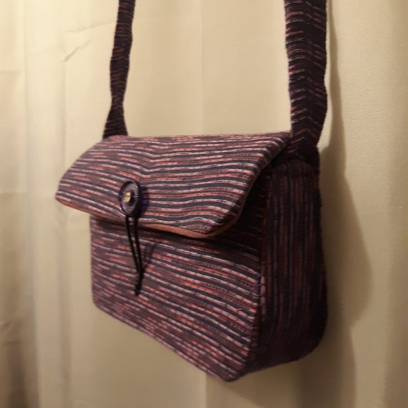 Tapestry fabric mini Purse shoulder bag Purple Pink striated 7x5x2" - Picture 4 of 10